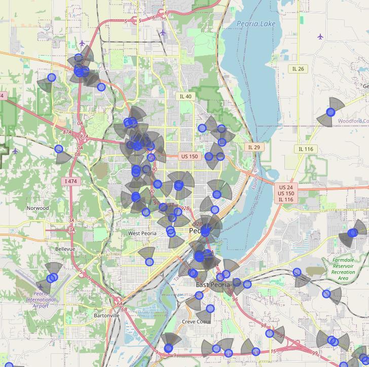 A map of surveillance spy cameras around Peoria, Illinois